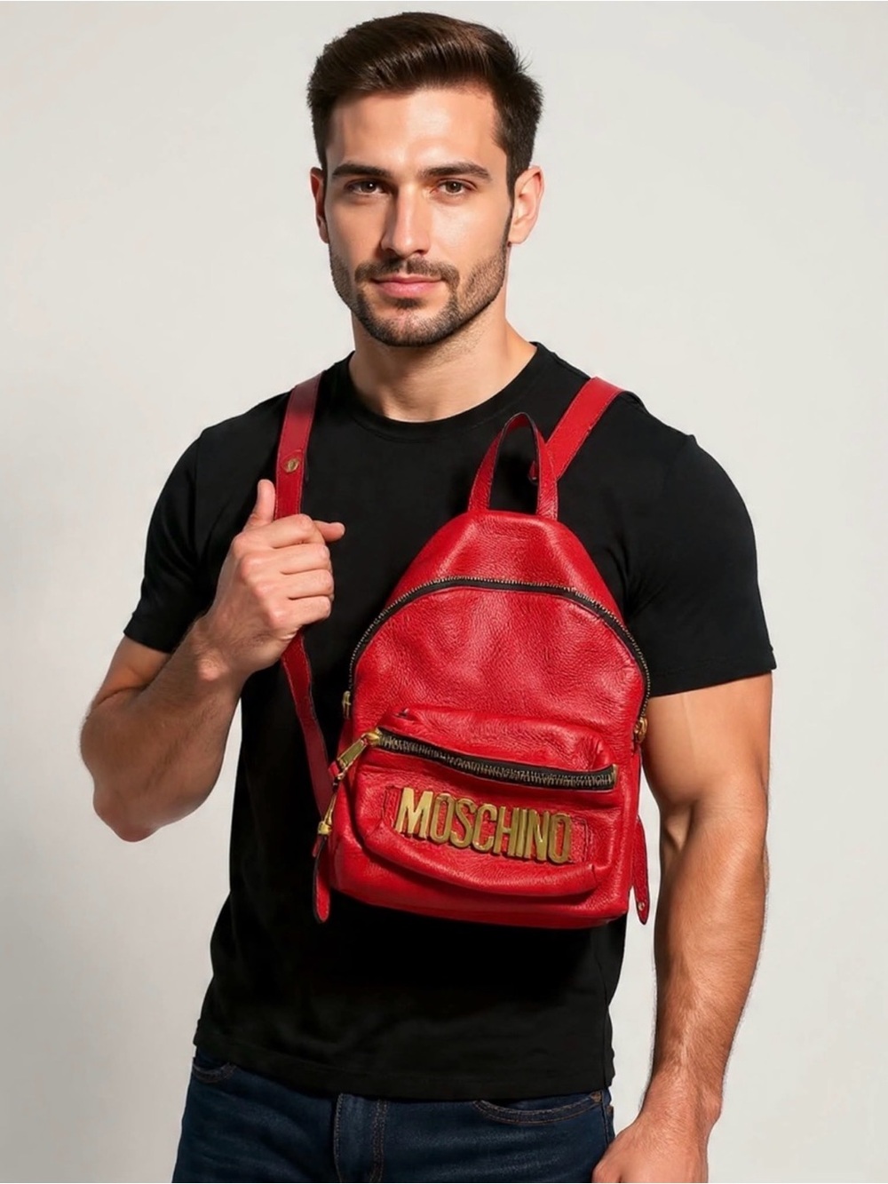 Moschino Red Pebbled Leather Backpack with Gold Logo